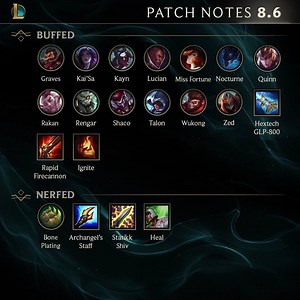 Patch Notes 8.6 --> http://riot.com/2pslati Buffed Champions: Graves, Kai'Sa, Kayn, Lucian, Miss Fortune, Nocturne, Quinn, Rakan, Rengar, Shaco, Talon, Wukong, Zed, Hextech GLP-800, Rapid Firecannon, Ignite ---- Nerfed: Bone Plating, Achangel's Staff, Statikk Shiv, Heal ---- Adjusted: Kha'Zix, Abyssal Mask, Dead Man's Plate, Duskblade of Draktharr, Guinsoo's Rageblade ---- New: Gun Goddess Miss Fortune, Birdio, Hextech Alistar, Pizza Delivery Sivir | League of Legends