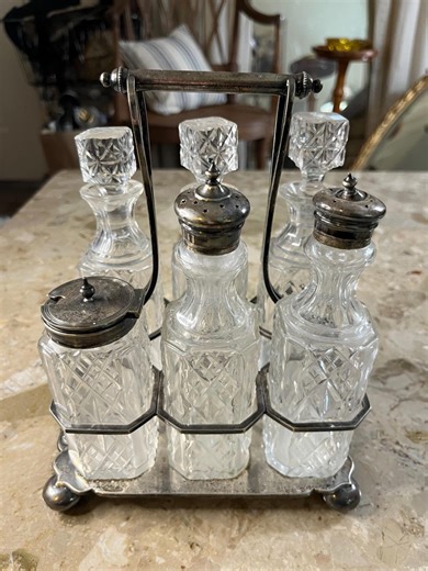 Vintage Antique Cut Glass Victorian Silver Plate Cruet Set, 7 pcs