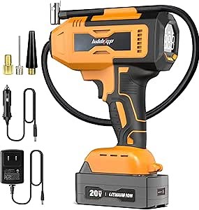 Tire Inflator Air Compressor, HDDIFGP 20V Cordless Car Tire Pump with Rechargeable Li-ion Battery, 12V Car Power Adapter, Digital Pressure Gauge