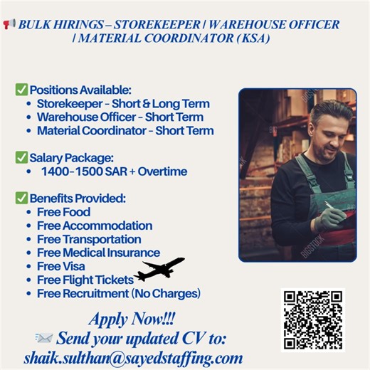  BULK HIRINGS – STOREKEEPER / WAREHOUSE OFFICER / MATERIAL...