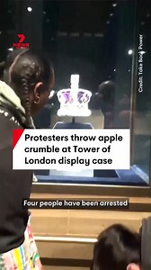 London Police have arrested four protesters after they threw apple crumble and custard onto a display case at the Tower of London. #toweroflondon #protest #custard #applecrumble #london | 7NEWS Perth