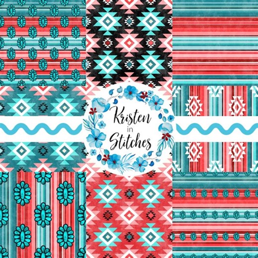 Southwest Aztec Seamless Pattern Set of 9, PNG Printable Digital Paper, Western Cowgirl, Squash Blossoms, Serape Stripes, Coral and Aqua - Etsy