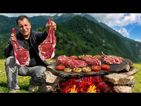 🥩🔥 산에서 즐기는 야외 요리: 뜨거운 돌판에 굽는 완벽한 소고기!