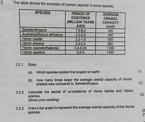The table shows the evolution of cranial capacity in some speci... | Filo