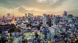 Tokyo cityscape skyline time lapse video from roof top with urban skyscrapers, Tokyo, Japan.