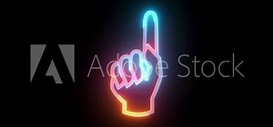 Neon manicule hand up direction icon brown cyan color glowing animated black background