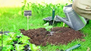 partial view of gardener holding watering can and watering green sprout in soil in garden