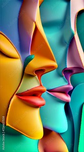 3d style cubist faces and shapes in vibrant pastel colors