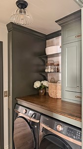 From Lowe's cabinets to custom laundry room built ins for a fraction of the cost of custom cabinetry! ✨ They come in hundreds of sizes and styles too! I love the drawer on the larger cabinet and that I was able to order them in a 14 inch deep size vs. the standard 12 inch size. #lowespartner #HomeImprovement #laundryroommakeover #customcabinetry #storageideas | Angela Marie Made