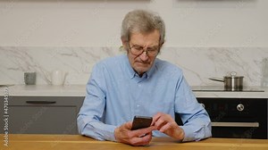 Smiling elder 80s adult grandfathers learn mobile phone app, happy 70s senior man hold smartphone texting messages in social media reading news, old person using tech gadget concept at home