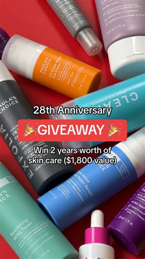 🤩 Giveaway alert: FREE SKIN CARE FOR 2 YEARS!!! 🤩 It’s our biggest giveaway yet (you only turn 28 once, right?!): Win 2 Years of FREE Paula’s Choice skin care products—$1,800 store credit! 🛍️ 10 runners-up will receive $50 store credit. ⚠️ Enter to win: pcskin.care/3N3Y20r | Paula's Choice