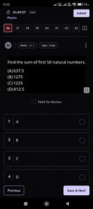 Find the sum of first 50 natural numbers.Options:(A) 637.5(... | Filo