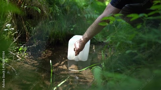 Collecting fresh water from a woodland stream as part of hands-on survival and bushcraft training in nature.