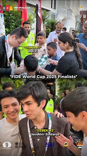 The FIDE World Cup 2025 Final is set in Goa! 🔥 🇺🇿 Uzbek No. 2 Javokhir Sindarov and 🇨🇳 China No. 1 Wei Yi will face off for the World Cup title in a Blockbuster Finale. Both stars have also secured their places in the 2026 FIDE Candidates, earning their spot among the world’s strongest players. Two phenomenal talents. One World Cup title on the line. Finals loading… 🇺🇿 vs 🇨🇳 Who do you think will win the FIDE World Cup 2025 !? Javokhir Sindarov or Wei Yi @narendramodi @mansukhmandviya @