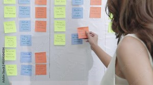 brainstorming session, using sticky notes on a task board (kanban) to organize ideas and workflow in a modern office