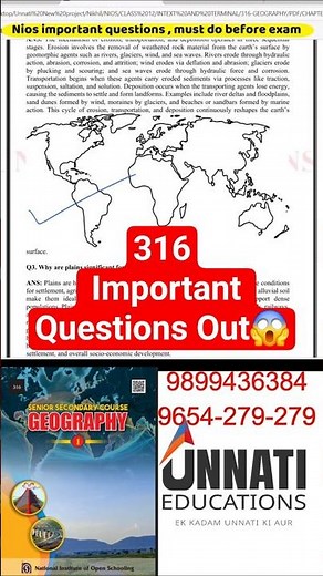 NIOS Class 12 Geography 316 Important Questions 2025 | Intext + Terminal Solved