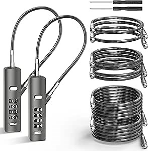 4-Digit Combination Cable Lock with 3 Steel Cables (9"/24"/47") - Secure Reset Only with Current Code - for Bike, Luggage, Gate, Shed, Cabinet - Gun-Grey, 2 Pack