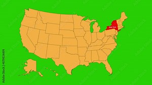 New York map animated video. Map Highlighted on the USA map with animation and colour with Green screen background in video format.