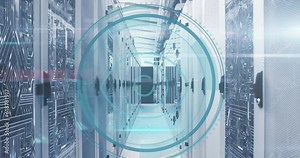 Animation of cyber security text, eye retina scanner, microprocessor connections against server room Stock Video