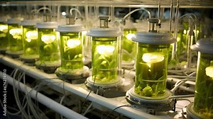 A detailed image depicts a large array of photobioreactors filled with algae. The photobioreactors utilize sunlight to promote the growth of microalgae, which can be used in the bioconversion