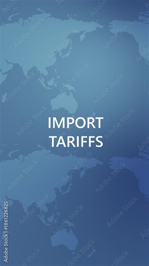 World Map And Business Text Loop. World map representation with a blue background and import tariffs text, seamless loop, vertical resolution.