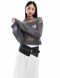 Monki long sleeve loose knitted top with sheer stripes in grey | ASOS