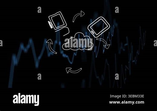 Connected devices with cloud computing and digital waveform animation in background. Technology, innovation, connectivity, data, network, futuristic Stock Video Footage - Alamy