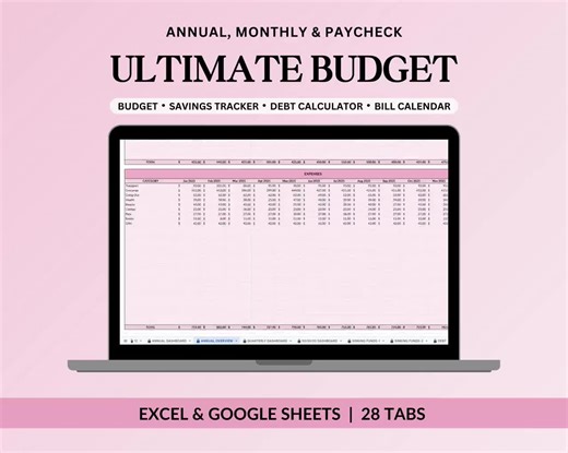Ultimate Budget Spreadsheet - Pink Annual & Monthly Finance Planner (excel, Google Sheets Template) - Etsy