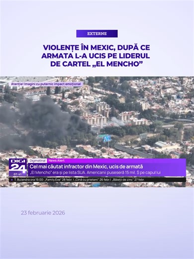 Moartea lui Nemesio Oseguera, cunoscut sub numele de „El Mencho”, şeful puternicului cartel Jalisco New Generation (CJNV), în timpul unei operaţiuni militare, a declanşat violenţe în mai multe regiuni ale Mexicului, relatează AFP. Duminică, Statele Unite au cerut cetăţenilor lor aflaţi în mai multe zone din Mexic să „stea la adăpost până la noi ordine” din cauza valului de violenţă din ţară după moartea lui El Mencho. #digi24 #stiriledigi24 #mexic #cartel #violenta