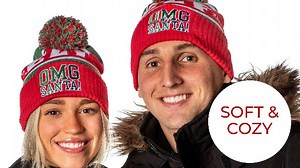 Watch Elf Movie Embroidered OMG Santa Pom Beanie Red and Green Cap on Amazon Live
