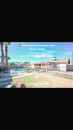 🏡 PHOENIX RENTAL ALERT! 🏡 ✨ 3 Beds | 2 Baths 💰 Rent: $1,100 | Deposit: $880 📍 3105 N 59th Ave, Phoenix, AZ 85033 Spacious, comfy, and move-in ready! Perfect for families, roommates, or anyone looking for the perfect Phoenix spot. Act fast—this one won’t last! 📲 Call/Text: 1 (323) 325-5198 for more info! #phoenixaz #DreamHome #HouseHunting #MoveInReady #AZLiving