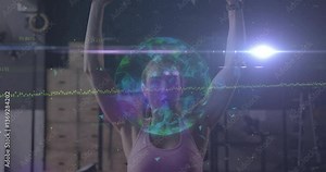 Fitness data animation over person lifting weights in gym environment