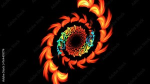 Fire spirals circulating, emanating multicolored vibes, fluids on dark. Fractal background with curved fiery shapes revolving. Glowing sparkling vortex, twirling, volute, rotation. 4K UHD 4096x2304