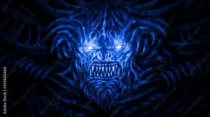 Angry devil with horns and sparkling eyes. Animation in the genre of horror. Blue background color. Stock Video