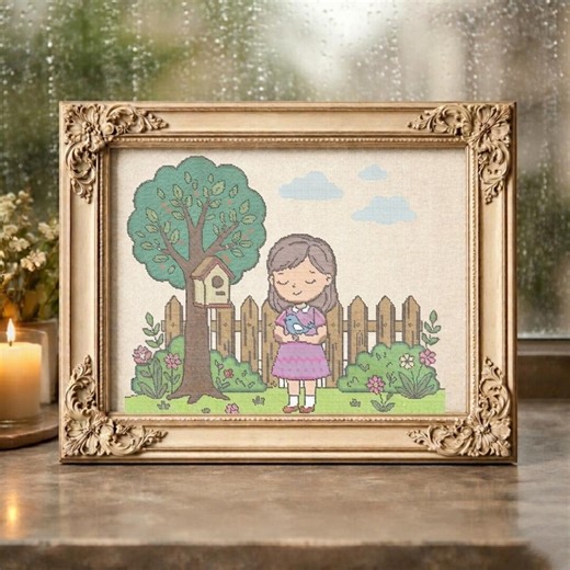 Girl and Bluebird Counted Cross Stitch Pattern PDF Garden Scene - Etsy