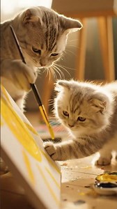 Adorable Mother Cat and Kitten Painting Together | Yuki & Hana's Art Studio Adventure 🎨