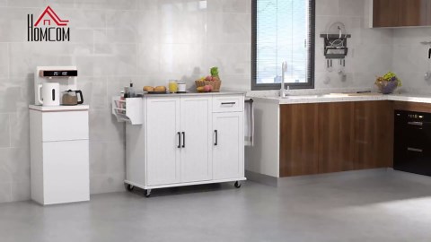 HOMCOM Kitchen Island with Storage, Rolling Kitchen Island on Wheels with Drawer, 3 Cabinets, Stainless Steel Countertop, Spice Rack and Towel Rack, White