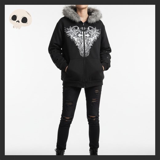 Gothic Wing Print Fur Hooded Jacket, Oversized Unisex Winter Coat, Vintage Gothic Sweater - Etsy