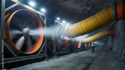 Medium shot of forced ventilation fans in an underground mine highlighting powerful equipment pushing clean air into worker areas.