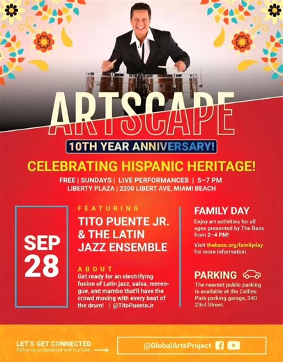 Today, sept 28th, come mambo with us on Miami Beach, Florida! 5pm-7pm Tito Puente,Jr.and his latin jazz ensemble live in concert. FREE, bring the whole familia and celebrate hispanic heritage. Don't forget your dancing shoes! Liberty Plaza, 2200 Liberty Ave, Miami Beach, FL. @kccproductions @miamibeachnews @cityofmiamibeach #TitoPuente #TitoPuenteJr #mambomusic #salsadancing #latinjazz #mambofied #miamibeach #⛱️ #🌴 | Tito Puente Jr.