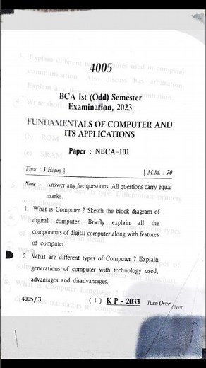 BCA question paper Fundamentals of Computer and its applications previous year #bca #exam
