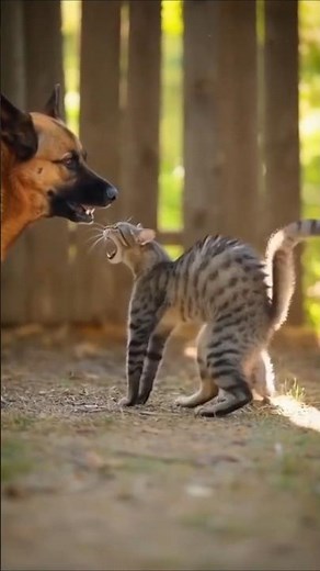 Cat Mama Fiercely Protects Her Kitten from Barking Dog! 😺🐶
