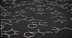 Looped animation on molecular structures of organic chemistry. Movement over models of molecules and formulas. Chemical scientific background
