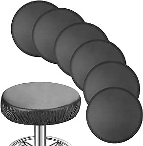 Newwiee 6 Pcs Leather Round Bar Stool Seat Covers, Waterproof PU Stretch Round Barstool Seat Covers Cushion with Elastic Bands for Bar Swivel Chair, 13 to 17 Inches(Black)