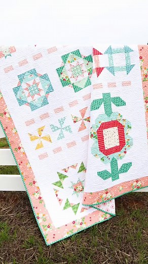 49 reactions | Another new pattern alert! Get ready for the Country Fair with this pretty sampler style quilt! The quilt is made up of several styles of blocks - everything from stars to pinwheels to a big flower - and they are all tied together with a sweet dashed sashing Shop this pattern now in my shop! #flamingotoes #samplerquilt #countryfairquilt #quilter #quiltsofinstagram #quiltsinthewild #quilting #sewing #sweetacresfabric #quiltersofinstagram | Flamingo Toes | Facebook