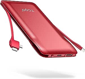 TG90° Portable Charger 10000mah Cell Phone Battery Backup, Ultra Slim Power Bank with Built in Cables(No AC Plug), Portable Phone Charger Battery Packs Compatible with iPhone Android Phones