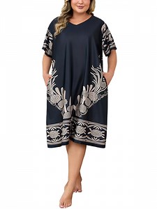 PinkBeautiM Nightgowns for Women Plus Size Print V Neck Sleepwear with Pockets