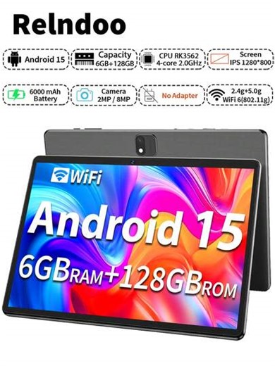 Relndoo 2025 TopS 10-Inch Android 15 Tablet PC, (6GB+20GB) RAM + 128GB ROM, RK3562 Quad-Core 2.0GHz Processor, 1280*800 HD Touchscreen, 6000mAh Large Battery, 802.11n WiFi6 Dual-Band 2.4G/5G, 2MP+8MP Dual Cameras, Support 1TB SD Card Expansion, Suitable For Online Courses, Novel Reading, Video Playback, Drawing & Design (Adapter Not Included) | SHEIN