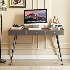 Mid-Century Modern Desk Ergonomic Home Office Workstation, Study Writing Desk with Storage Drawers, Multifunctional Computer Desk (Dark Gray,Walnut)