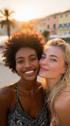 Latina and Scandinavian Women Sharing a Loving Kiss at Sunset